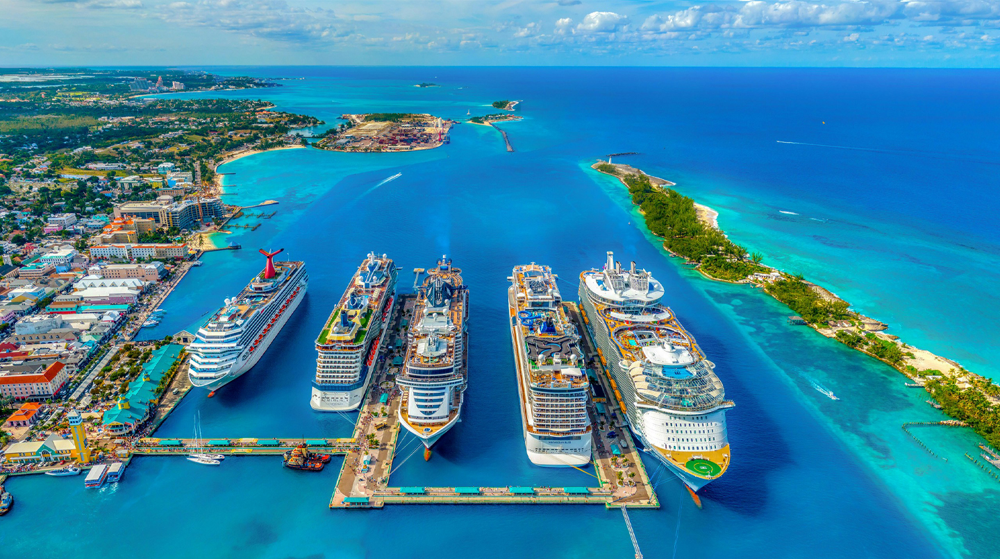 Two cruise liners docked at a port