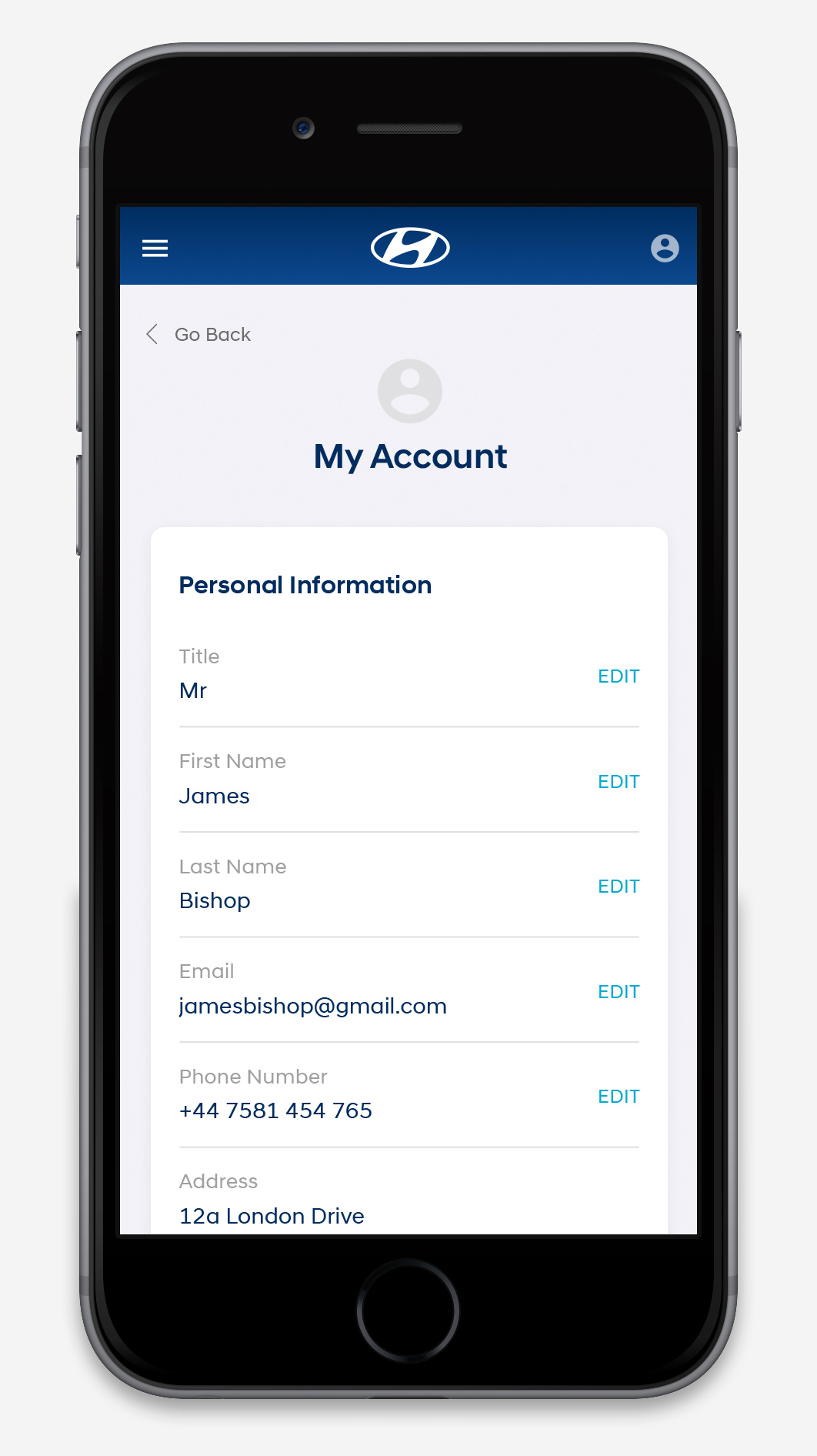 My account information screen